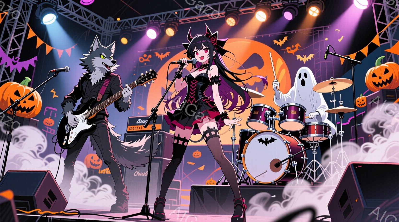 ハロウィーンをテーマにしたバンドのイラストです。狼の男がギターを弾き、黒いリボンとフリルが付いた衣装を着た女性がマイクで歌っています。背景にはハロウィーンの装飾、幽霊、カボチャ、スピーカー、ドラムセットがあり、会場全体がハロウィーンの雰囲気に包まれています。