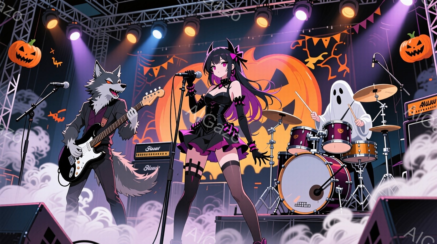 ハロウィーンをテーマにしたステージに、狼のキャラクターがギターを弾き、黒いドレスを着た女性がマイクで歌っている様子が描かれています。女性は紫色の髪で、片目にアイパッチをつけており、背景にはカボチャのランタンや幽霊が浮かんでいます。全体的に暗く、コンサート会場のような雰囲気が漂っています。