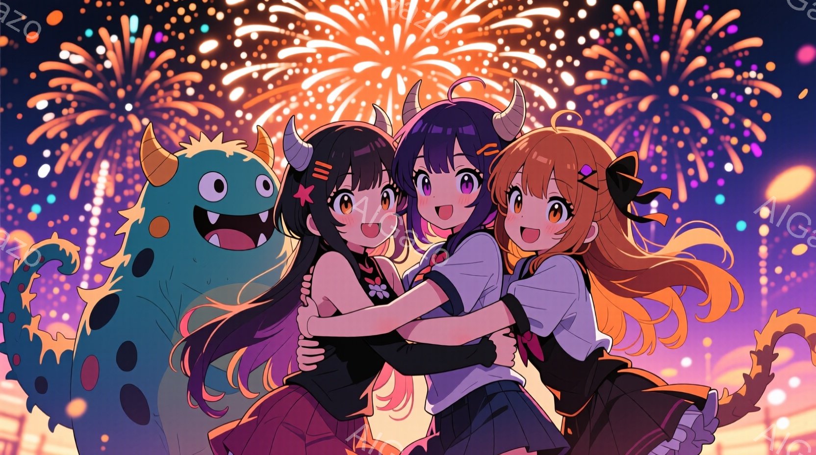鮮やかな花火が夜空を彩る中、角を生やした二人の少女と、青いモンスターが描かれています。少女たちは黒いリボンと短いスカート、白いトップスを着ており、互いに抱き合って喜んでいます。背景にはぼんやりとした都 - AI生成フリー素材