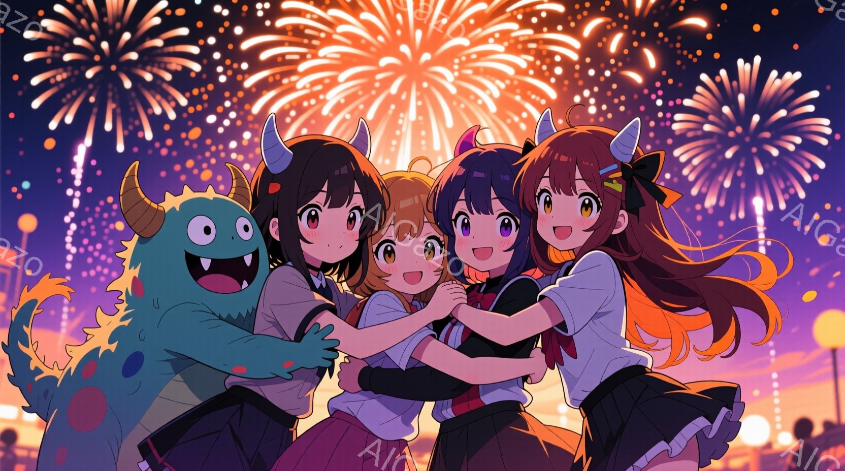 四人の少女と青いモンスターが写っており、全員が笑顔で抱き合っています。少女たちはそれぞれ異なる髪の色と長さで、黒と赤の制服を着ており、胸には赤いリボンをつけています。背景には、夜空に咲く鮮やかな花火と - AI生成フリー素材