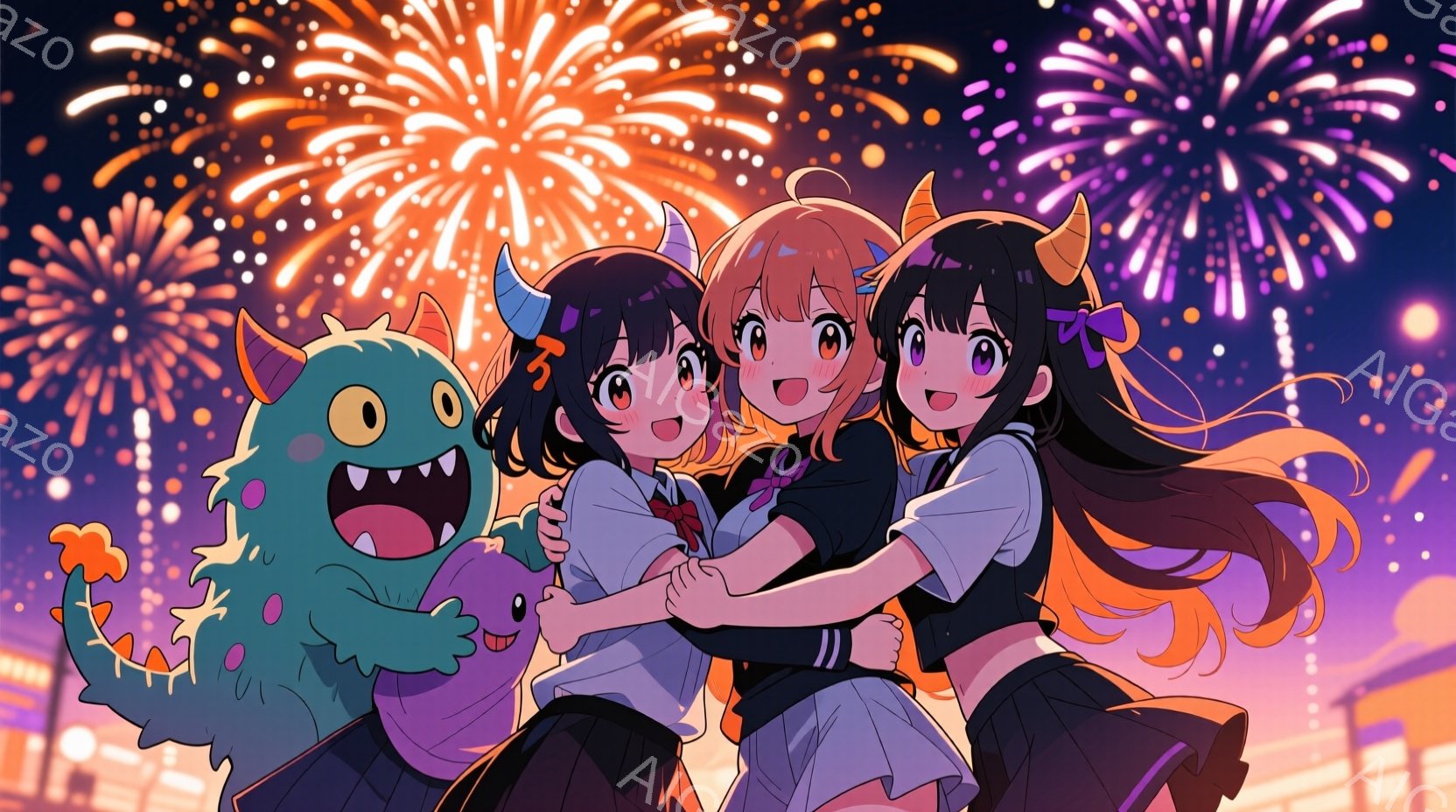 制服姿の少女たちが、緑色のモンスターと抱き合っている様子が描かれています。少女たちは明るい笑顔で、片方の少女はピンク色の髪をツインテールにし、もう一人は黒髪の長い髪をしています。背景には、夜空に打ち上げられる花火と、ぼやけた街並みが広がり、祝祭的な雰囲気を醸し出しています。