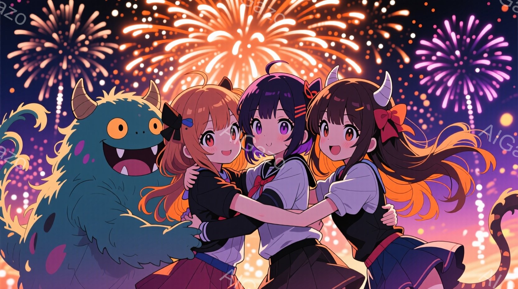 花火が打ち上げられる夜の背景に、2人の少女と青いモンスターが描かれています。少女たちはセーラー服を着ており、片方はオレンジ色のロングヘア、もう片方は黒髪のツインテールで、顔は笑顔で、互いに寄り添ってい - AI生成フリー素材