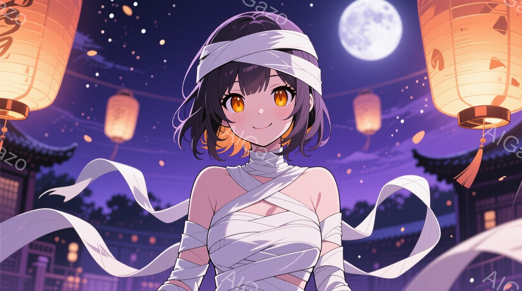 深い紫色を基調とした夜の背景に、包帯のような布で身体を巻き上げた若い女性が描かれています。彼女は巻き毛の黒髪にヘッドバンドを着用し、明るいオレンジ色の瞳で微笑んでいます。背景には中国風の建物と提灯が並 - AI生成フリー素材