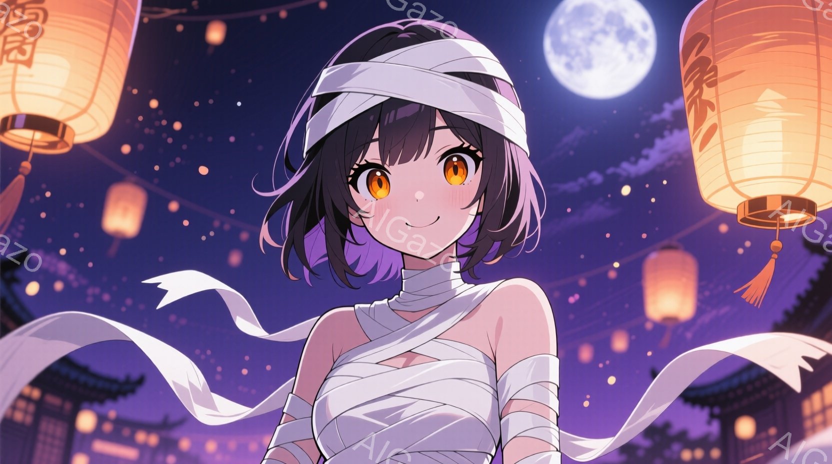 暗い背景に、ミイラのような包帯で体を包んだ若い女性が描かれています。彼女は黒髪で、前髪は少しカールし、目はオレンジ色で明るく輝いています。背景には、東アジア風の建物と、夜空に浮かぶ満月、そして灯篭が散 - AI生成フリー素材