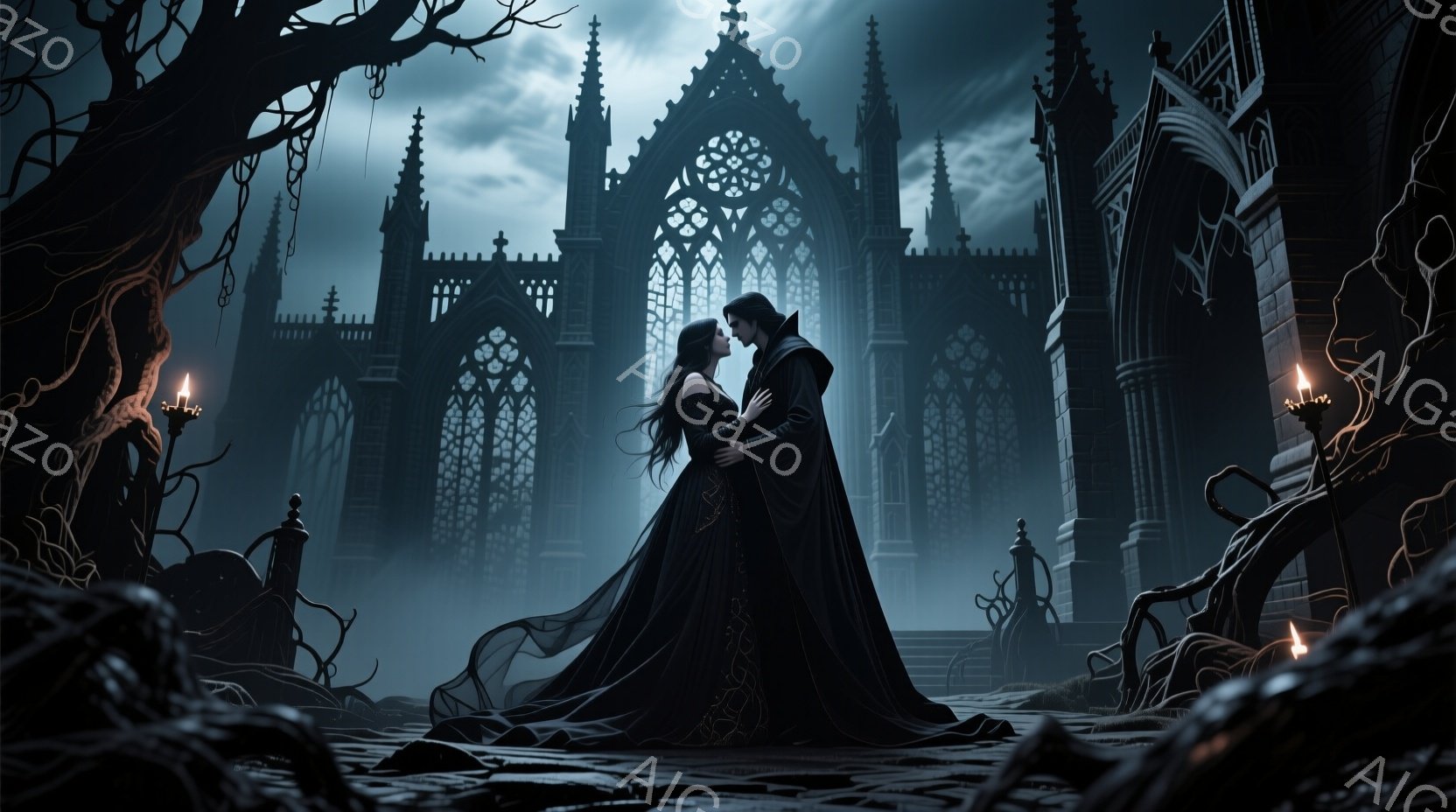 黒いゴシックドレスを身につけた女性と、黒いコートを着た男性が、古城の前で抱き合っている。女性は長くウェーブのかかった黒髪で、男性は憂いを帯びた表情で彼女を見つめている。背景には、尖塔を持つ暗いゴシック様式の城がそびえ立ち、ねじれた木の根や薄暗い照明が、不気味でロマンチックな雰囲気を醸し出している。