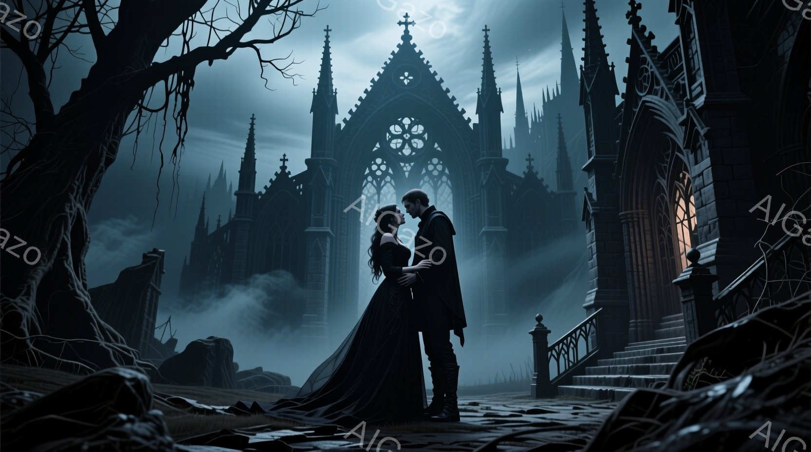 黒い豪華なドレスを着た女性と、黒いスーツを着た男性が、古城の前で抱き合っています。女性は長い巻き毛で、男性は短髪で、二人はお互いを見つめ合い、ロマンチックな雰囲気を醸し出しています。背景には、霧に包まれたゴシック様式の古城がそびえ立ち、不気味で幻想的な雰囲気を演出しています。