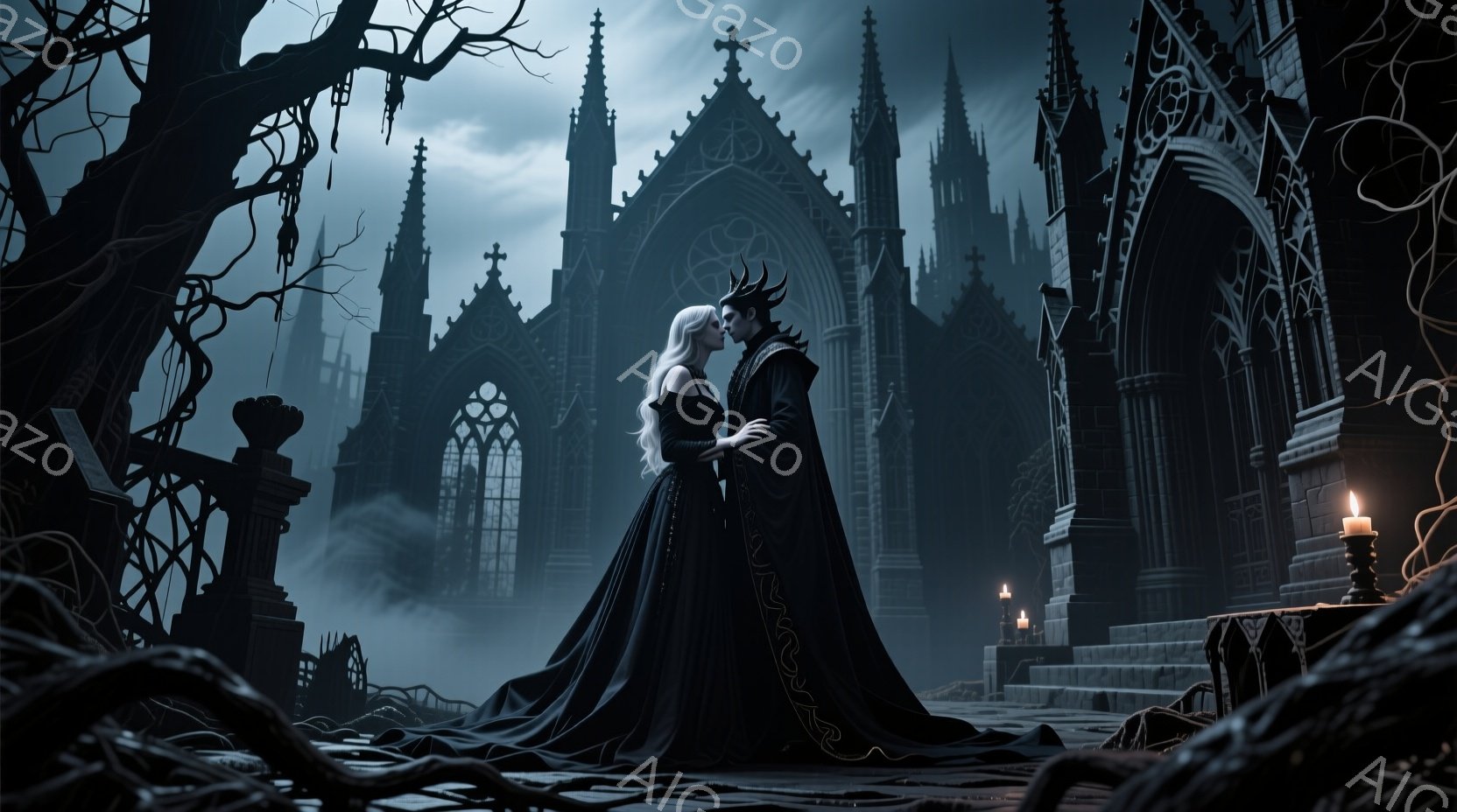 暗い庭園で、黒いドレスをまとった女性と黒いマントをまとった男性が抱き合っている。女性は金髪で、顔を上げ、男性を見つめている。背景には、ゴシック様式の教会や尖塔が立ち並び、霧が立ち込め、不気味な雰囲気を - AI生成フリー素材