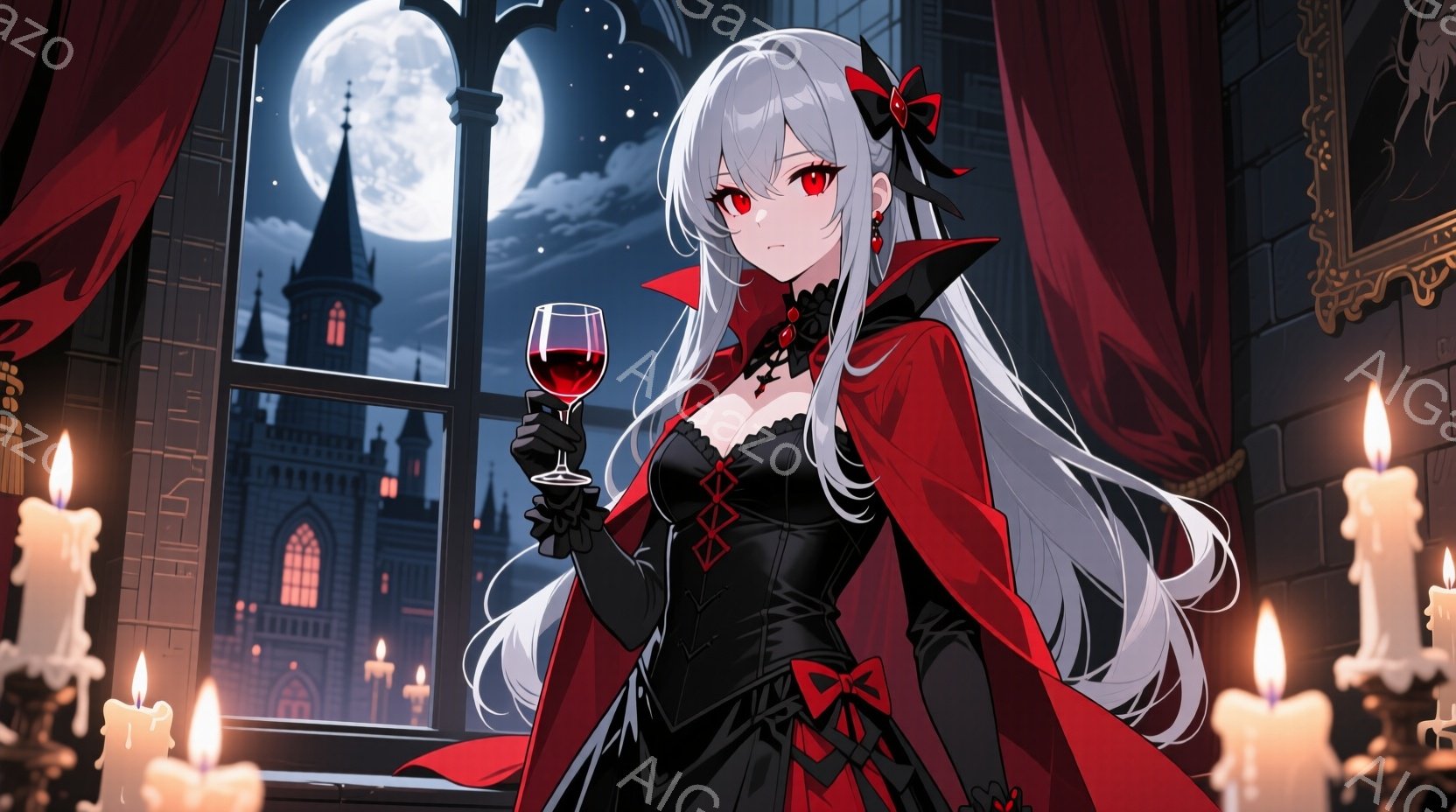 白髪の少女が、黒いコルセットドレスと赤いケープを身につけ、ワイングラスを持っています。彼女は少し冷たい表情で、窓の外を見つめています。背景にはゴシック様式の城と、月明かりに照らされた夜空が広がっており - AI生成フリー素材