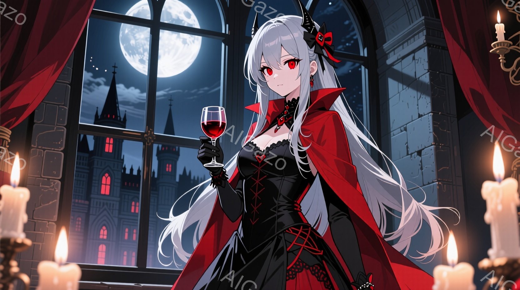 白髪の少女が黒いドレスと赤いケープを身に着け、ワイングラスを持っています。彼女は窓辺に立ち、少し憂いを帯びた表情で遠くを見つめています。背景にはゴシック様式の建物が広がり、満月が輝く夜空が、神秘的で少 - AI生成フリー素材