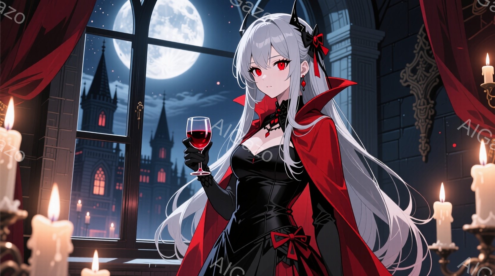 白髪のロングヘアに赤い瞳を持つ少女が、黒いドレスと赤いケープを身につけて描かれている。彼女はワイングラスを持っており、やや物憂げな表情で窓の外を見つめている。背景にはお城と満月が輝き、周囲にはキャンドルの光が灯り、全体的に幻想的で神秘的な雰囲気を醸し出している。