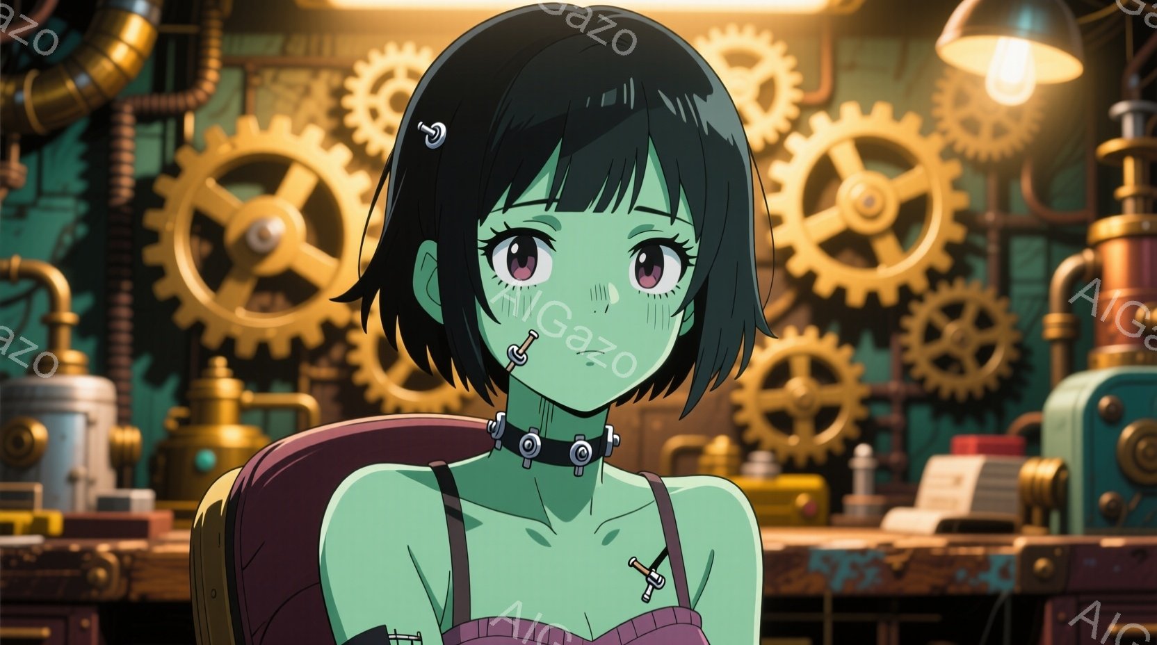 鮮やかな緑色の肌と黒髪のボブカットの少女が描かれている。彼女は黒いストラップと茶色のコルセット風のトップスを着ており、首と胸元に銀色のネジやピンで装飾が施されている。背景には複雑な配管、歯車、機械が配置され、スチームパンク風の工房のようであり、全体的にメカニカルでファンタジックな雰囲気を醸し出している。