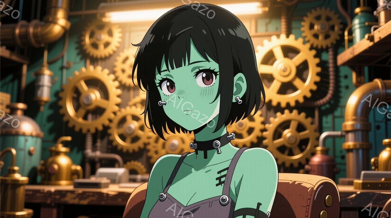 緑色の肌をした若い女性を描いています。彼女は黒いショートボブヘアで、大きなピンクの目と控えめな表情をしています。彼女は、ボルトや縫い目のあるダークカラーのストラップドレスを着ており、背景には複雑な機械仕掛けのパイプとギアが配置された、スチームパンク風の雰囲気があります。
