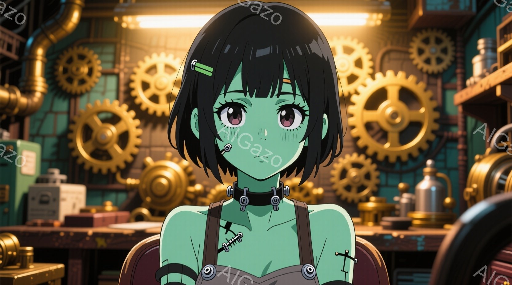 緑色の肌をした若い女性を描いています。彼女は肩出しのダークブラウンの服を着ており、首や肩に金属製のボルトが取り付けられています。背景には、歯車やパイプが複雑に絡み合ったメカニカルな構造物があり、蒸気パンク風の雰囲気を醸し出しています。