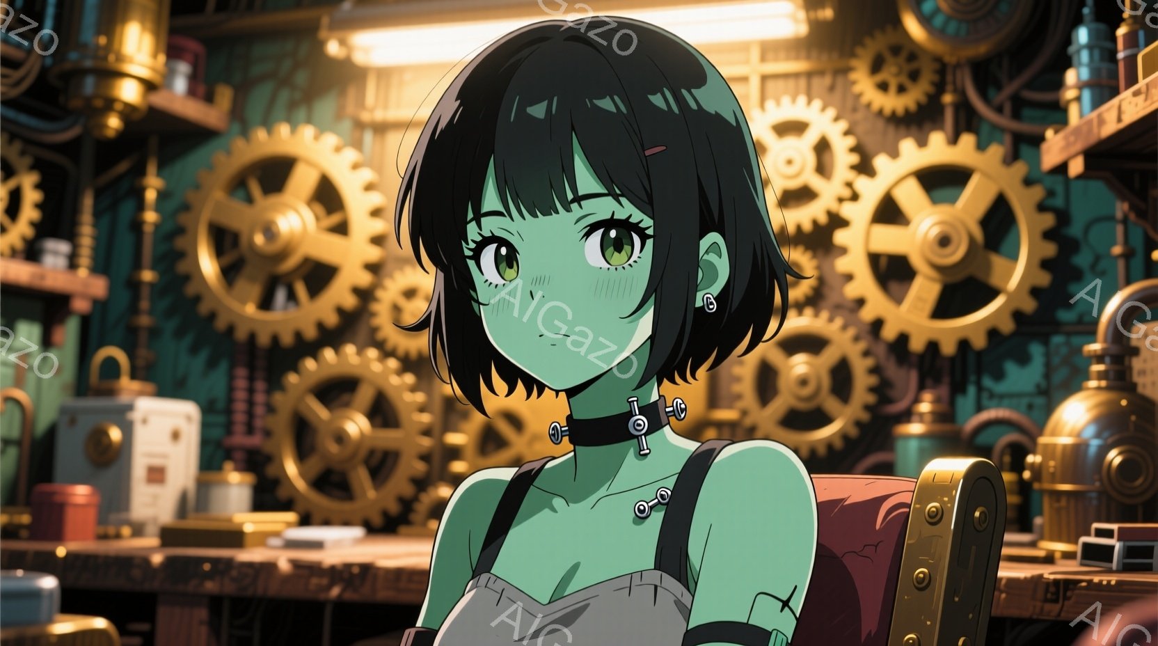 短い緑色の髪に大きな緑色の瞳を持つ若い女性が描かれています。彼女は肩出しの赤いドレスを着ており、首には小さなギアのアクセサリーがついています。背景には様々なサイズのギアが配置され、機械的な工房のような空間が広がっており、全体的にレトロでファンタジックな雰囲気です。