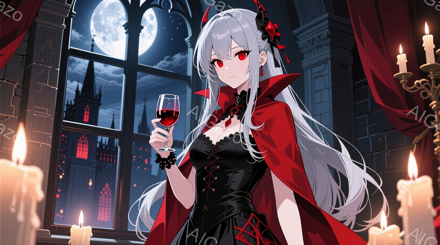 白髪の少女が黒いドレスと赤いケープを身につけ、ワイングラスを手にしている。彼女は窓辺に立ち、夜の街並みを見下ろしており、その表情はどこか憂いを帯びている。背景にはゴシック様式の建物群と満月が輝き、周囲には明かりを灯した蝋燭が置かれ、神秘的な雰囲気を醸し出している。