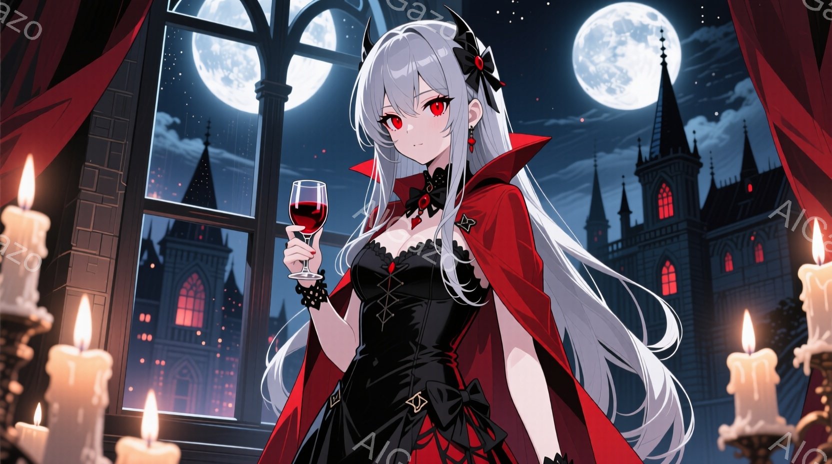 白い長い髪の女性が、黒いドレスと赤いマントを身につけています。彼女はワイングラスを手に持ち、少し微笑んでいるように見えます。背景には、月明かりに照らされた城のような建物と、燃えるロウソクが並び、神秘的で幻想的な雰囲気を作り出しています。