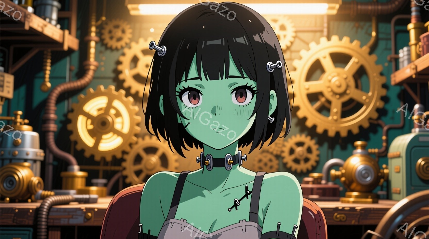 緑色の肌と黒髪の少女が描かれています。彼女はフランケンシュタイン風の衣装を身につけ、首と腕にボルトが固定されています。背景は、歯車やパイプが複雑に絡み合った蒸気機関のような機械的な空間で、全体的に退廃的で幻想的な雰囲気です。
