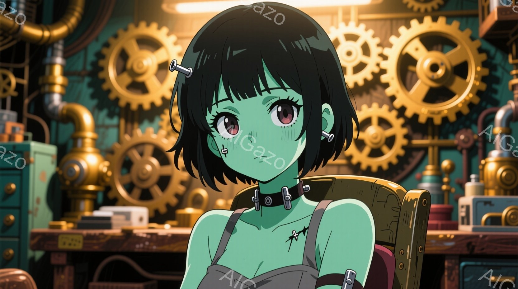 緑色の肌と黒い髪の若い女性を描いています。彼女はステッチ模様が施された白いストラップレスドレスを着ており、首と肩には金属製のスタッズが付いています。背景には歯車やパイプが複雑に絡み合ったメカニカルな空 - AI生成フリー素材