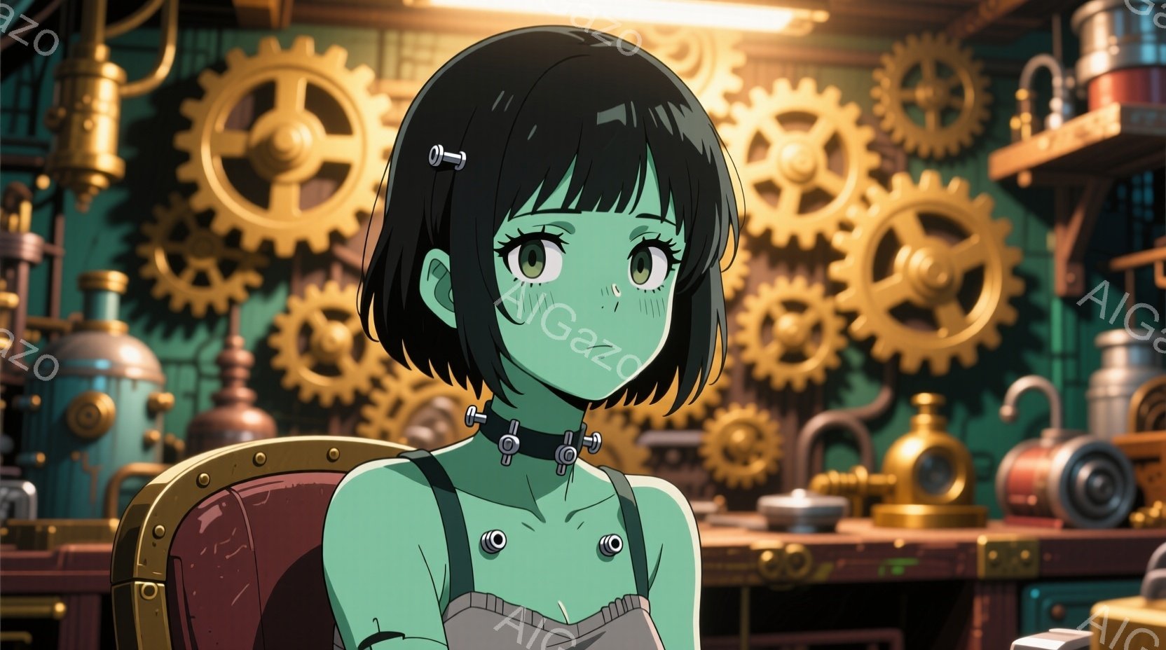 この少女は、緑色の肌と茶色のショートヘアで、前髪には小さなクリップが飾られています。彼女は肩紐のついたベージュ色の服を着ており、少し不安そうな表情を浮かべています。背景には、歯車や複雑な機械が並び、蒸 - AI生成フリー素材