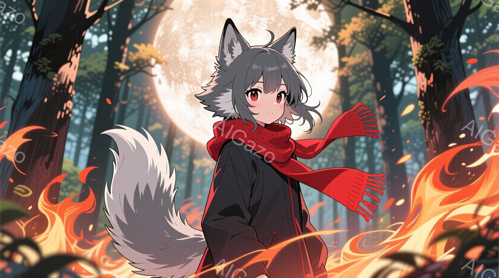 灰色の髪と耳を持つ若い女性が描かれています。彼女は黒いジャケットと赤いマフラーを身につけ、ふさふさとした灰色の尻尾が生えています。背景には炎のようなエフェクトと、ぼやけた木々の風景が広がっており、神秘的で力強い雰囲気を醸し出しています。