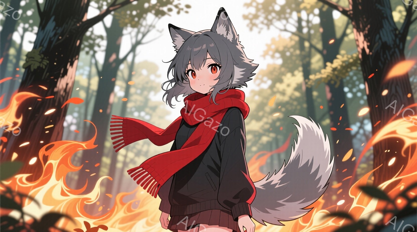 灰色の髪と動物のような耳を持つ少女が描かれています。彼女は黒いセーターとチェック柄のスカートを身につけ、赤いマフラーを首に巻いています。背景には燃え盛る炎と木々の生い茂る森が広がり、どこか幻想的で神秘的な雰囲気を醸し出しています。