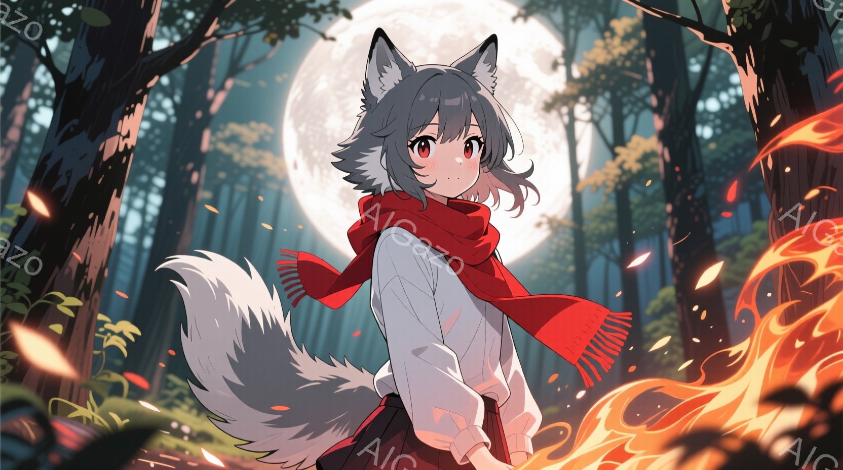 灰色の髪と狐のような尻尾を持つ少女が描かれています。白いシャツと赤いスカーフ、そして暗い色のスカートを身に着けており、少し上目遣いをした表情で何かを見つめています。背景には木々が生い茂り、月が輝き、落 - AI生成フリー素材