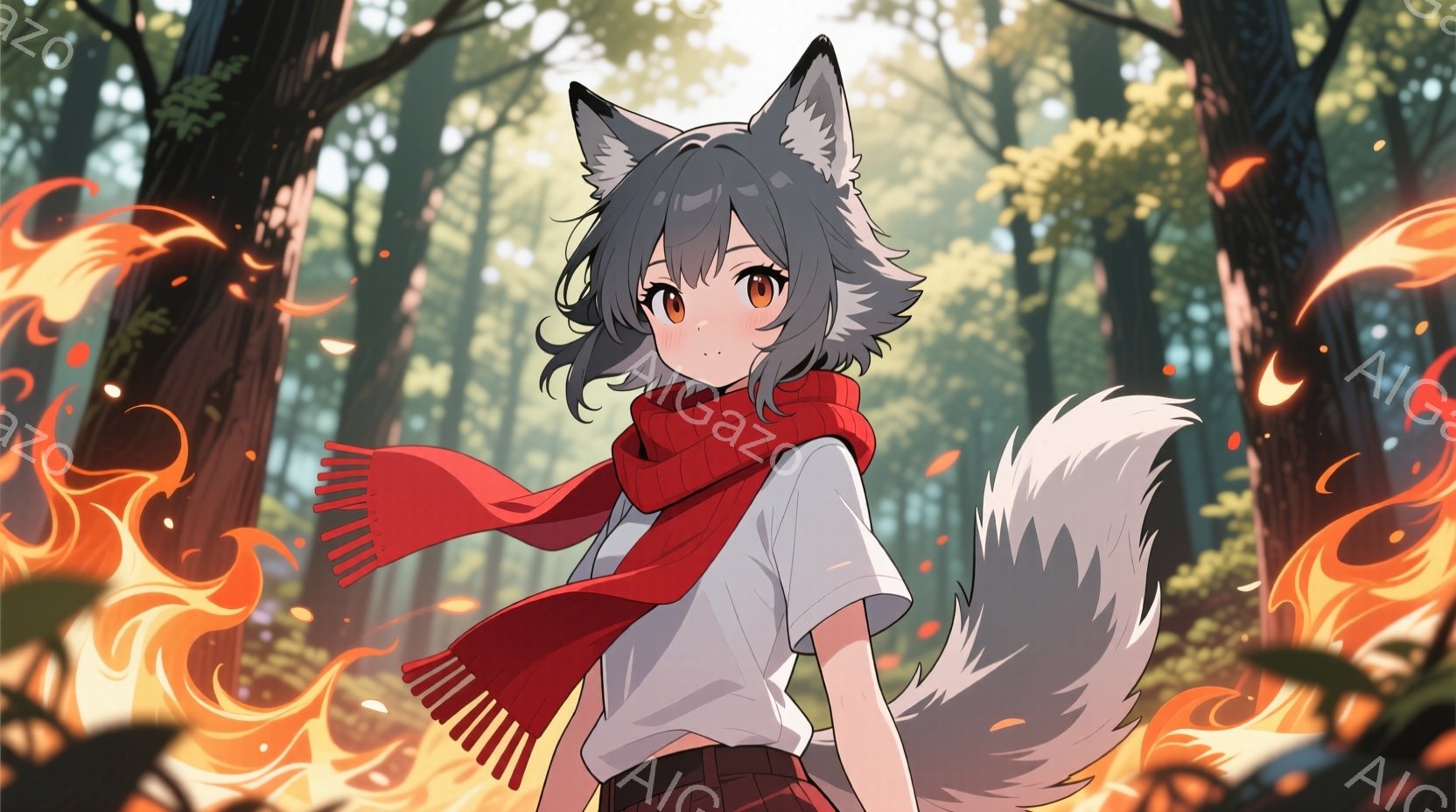 灰色の髪と動物のような耳を持つ若い女性が描かれています。白いシャツと赤いスカーフ、茶色のスカートを身に着け、少し上目遣いで穏やかな表情を浮かべています。背景には緑豊かな森が広がり、炎のようなエフェクトが加わることで幻想的な雰囲気が醸し出されています。
