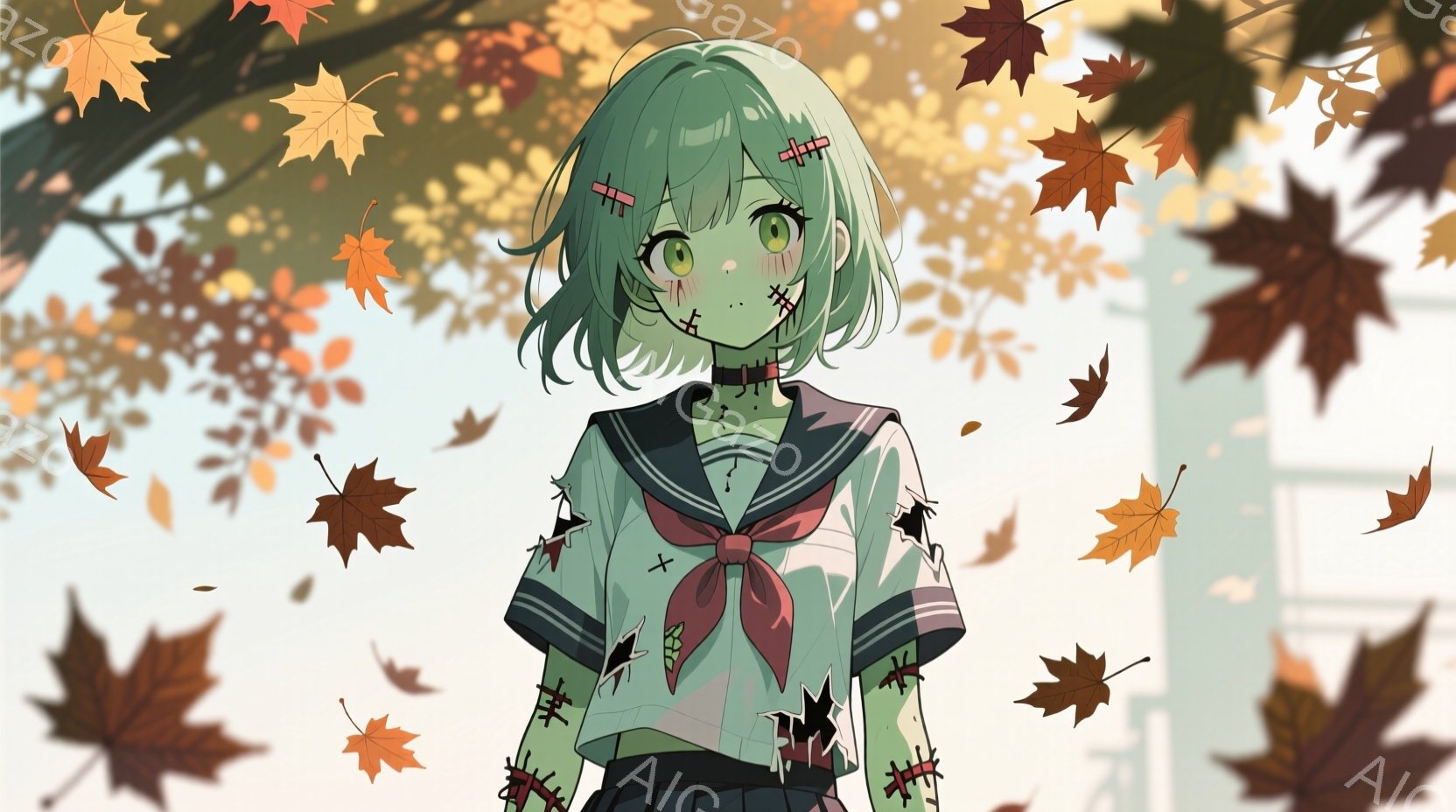 緑色の髪をした少女が描かれており、制服のような服装に、ところどころ破れたデザインが施されています。彼女は少し青ざめた表情で、頬に赤みを帯びており、首にはチョーカーをつけています。背景には秋の紅葉が舞い散り、建物がぼんやりと見え、秋の寂しさと少し不気味な雰囲気が漂っています。