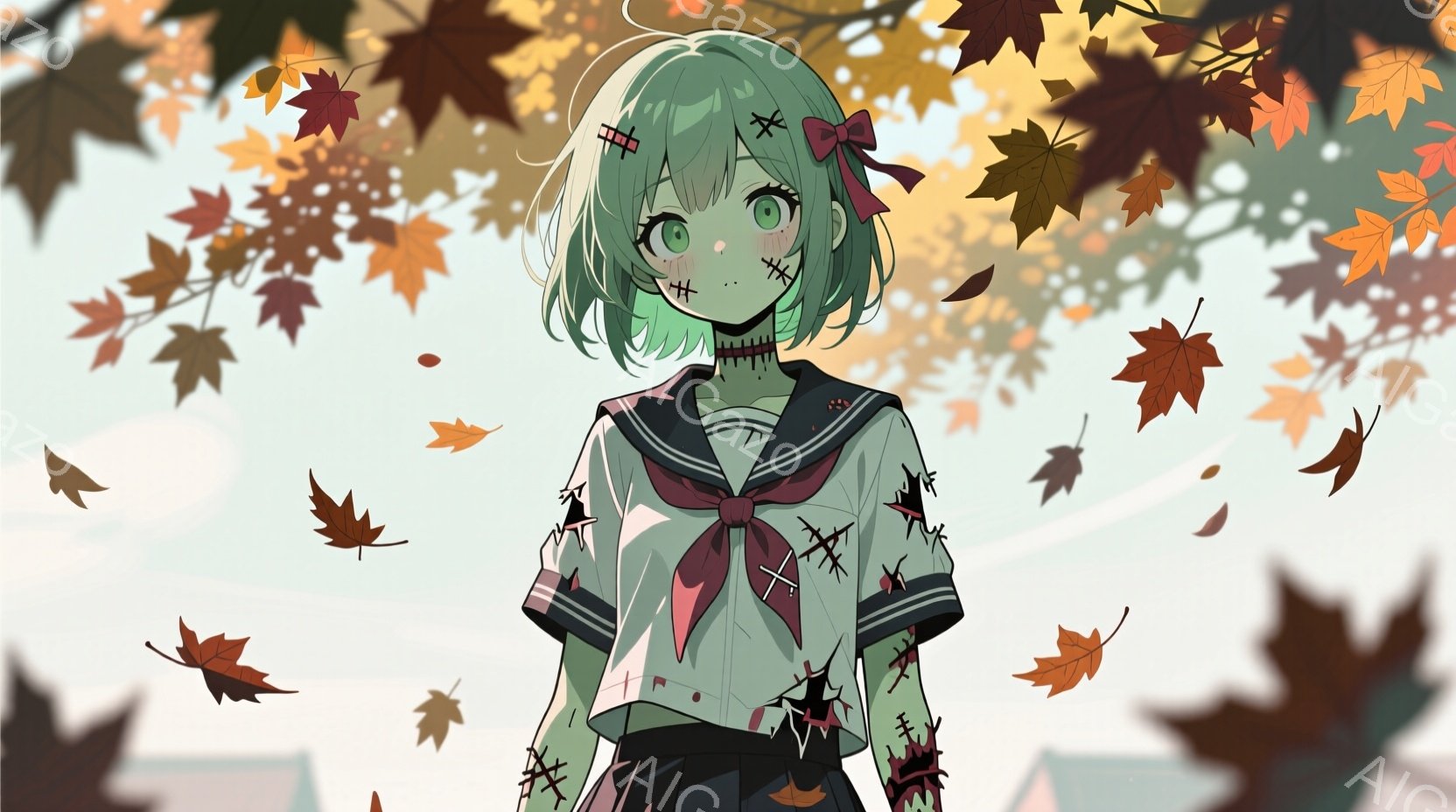 明るい緑色の髪に赤いリボンをつけた少女が描かれています。彼女は学校の制服を着ており、服には破れた跡や血のようなものが描かれています。背景には、紅葉の葉が舞い散り、建物がぼんやりと見え、秋の寂しげな雰囲気を醸し出しています。