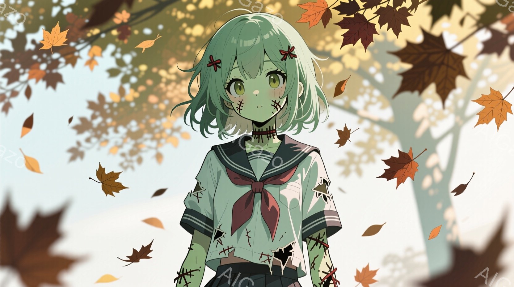 少女は、緑色の短い髪と、X印の傷跡が全身に走るセーラー服姿で立っている。表情はどこか物憂げで、わずかに頬を赤らめている。背景には、落ち葉が舞う木々と、ぼんやりとした建物が見え、秋の寂しげな雰囲気を醸し出している。