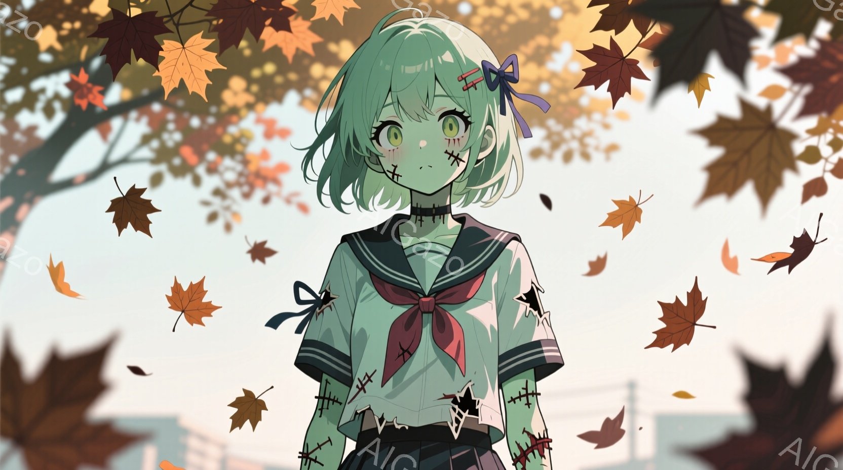 緑色の髪をした少女が描かれており、擦り傷のような模様が顔と制服についている。彼女は白いセーラー服に赤いリボン、黒いスカートを身に着け、やや不安げな表情で正面を見ている。背景には紅葉した木々と舞い散る葉、そしてぼんやりとした建物が見え、秋の寂しげな雰囲気を醸し出している。