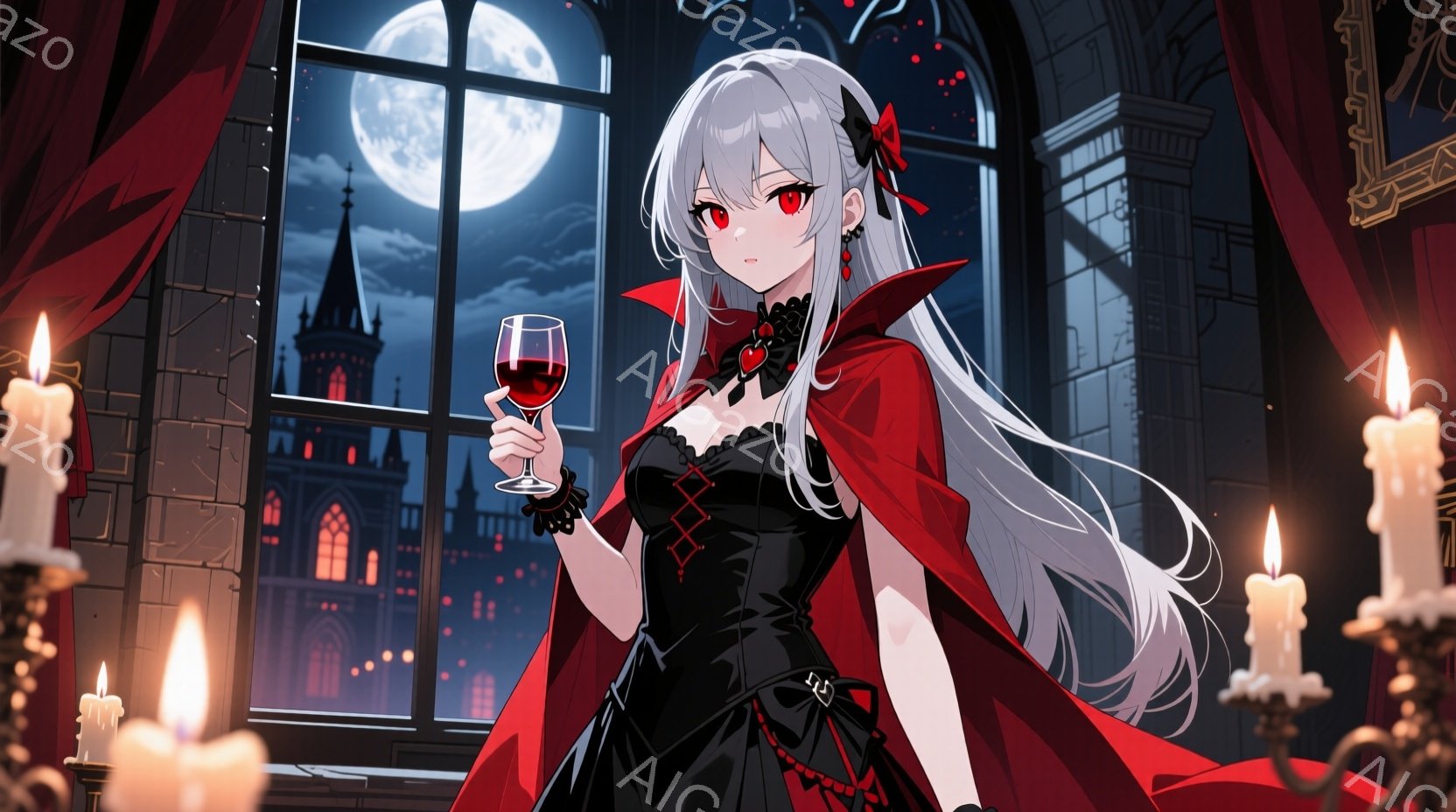 白髪の少女は、黒いコルセットドレスと赤いケープを身につけ、片手に赤いワイングラスを持っています。彼女は窓辺に立ち、冷たい表情で遠くを見つめており、背景にはゴシック様式の建物と満月が広がっています。ろうそくの光が彼女を照らし、全体的にミステリアスで退廃的な雰囲気を醸し出しています。