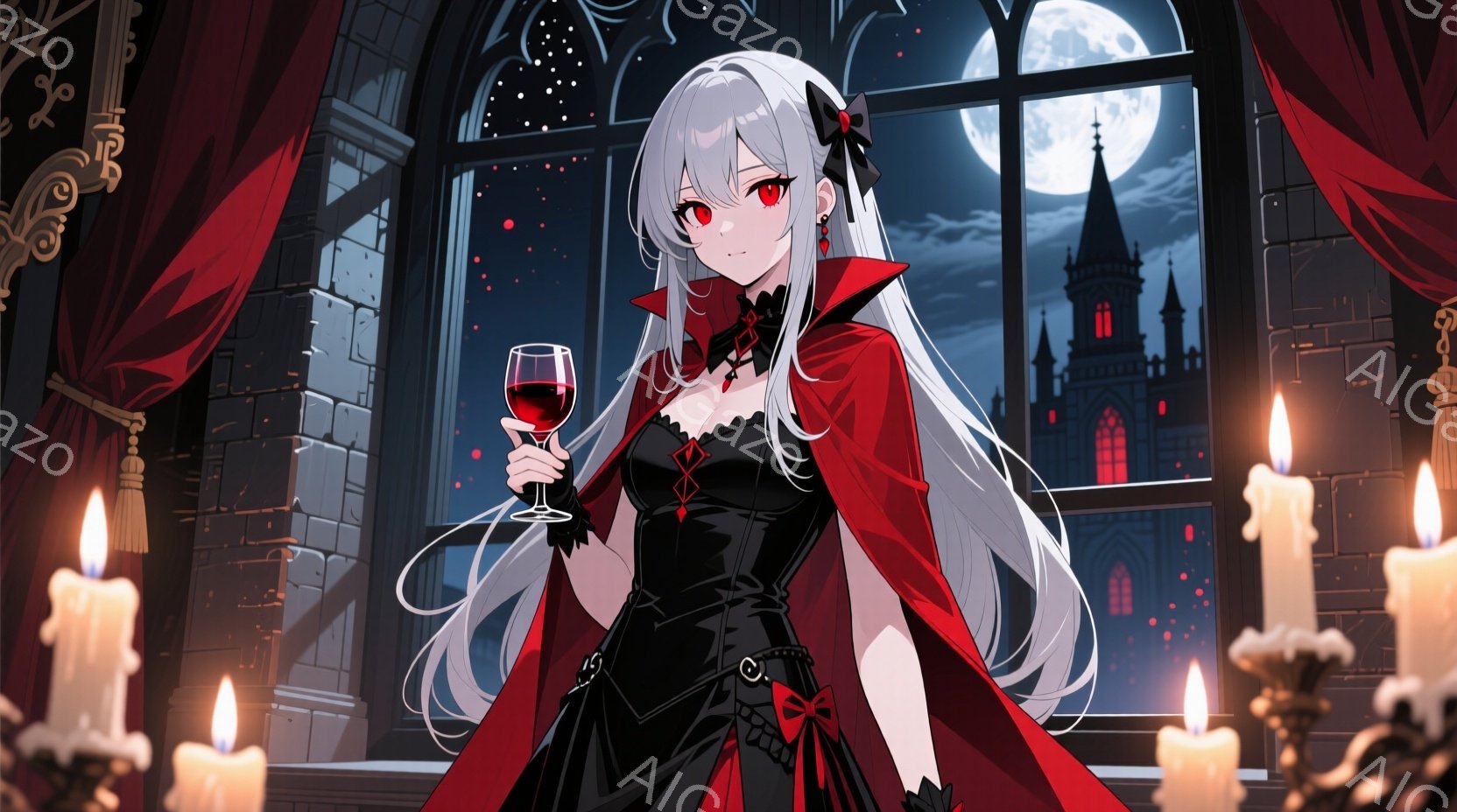 長い白髪の少女が黒いドレスと赤いケープを身につけ、ワイングラスを持って立っている。彼女は赤い瞳を持ち、少し微笑んでいるように見える。背景には、月夜の古城と燃える蝋燭が並び、ゴシックで神秘的な雰囲気を醸し出している。