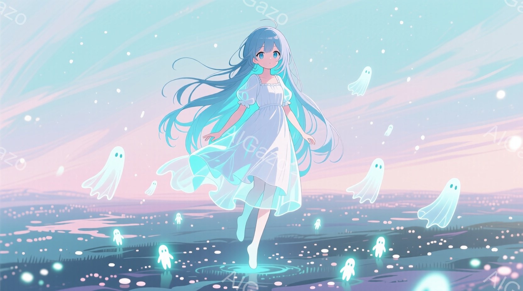 長いターコイズブルーの髪を持つ少女が、白いワンピースを着て、水面を歩いているように見える。彼女の周りには小さな幽霊のような姿が浮かび、水面には彼女の足跡のような波紋が広がっている。背景は薄いピンクと水 - AI生成フリー素材