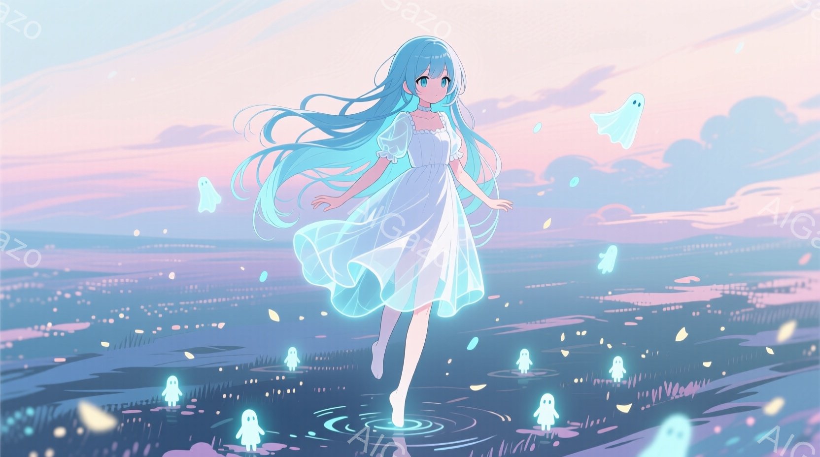長いターコイズブルーの髪の少女が、薄い水面を跳ねながら歩いている。白いレースのワンピースを着ており、顔は穏やかで少し微笑んでいるように見える。背景には、ぼやけた都市の風景が広がり、多数の小さな幽霊のよ - AI生成フリー素材
