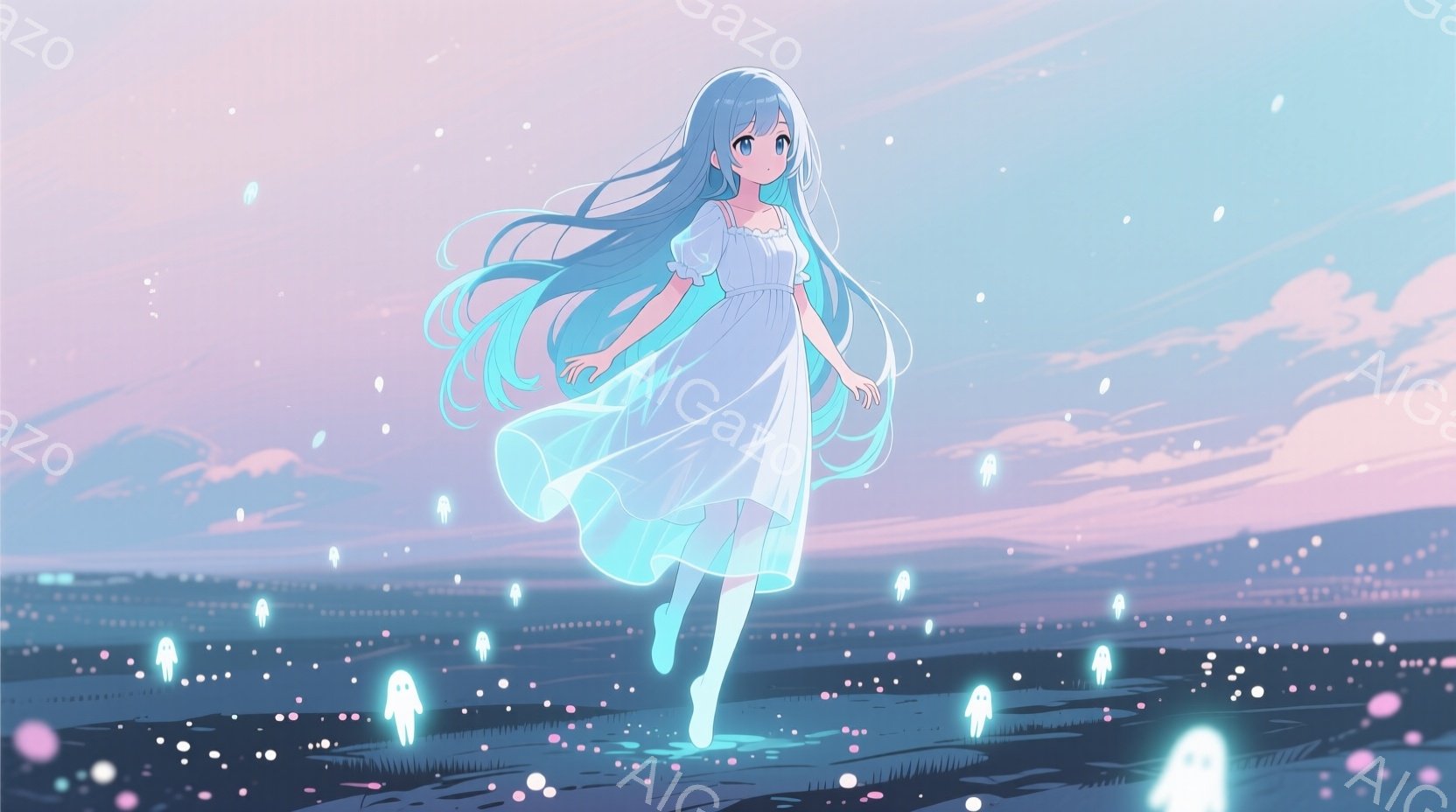 青い髪を長く伸ばした少女が、光り輝く白いワンピースを着て草原を駆けている。彼女の表情は穏やかで、まるで浮遊しているかのように、周囲には小さな光の精霊のようなものが多数漂っている。背景は夕焼けのような淡 - AI生成フリー素材