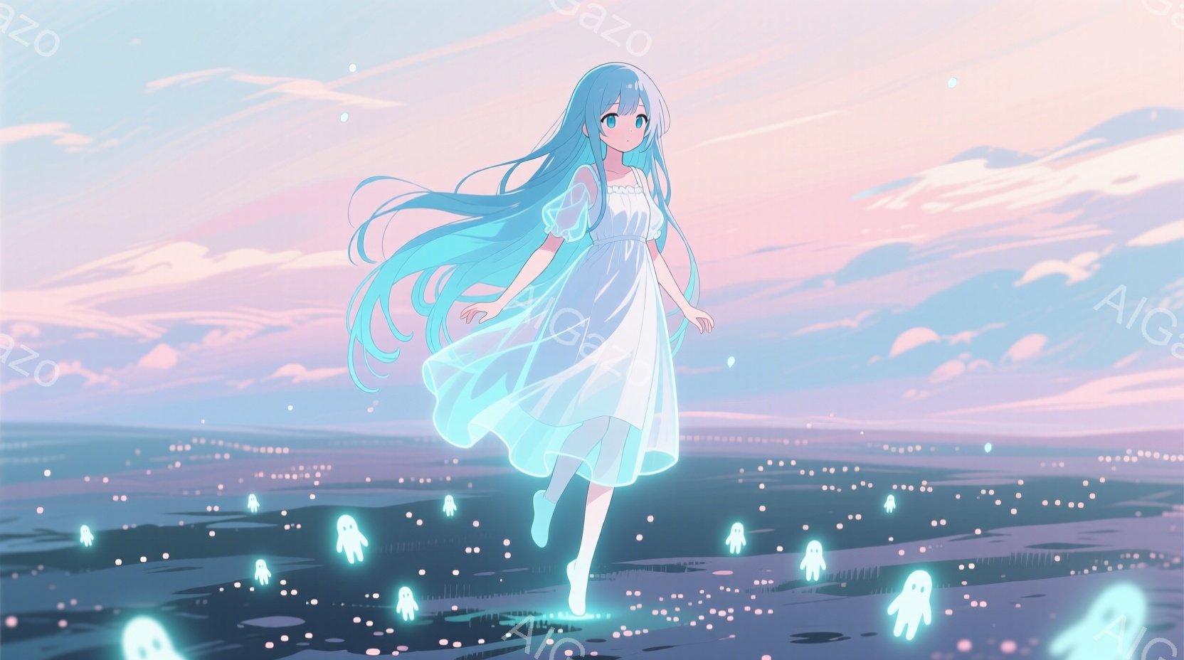長いターコイズブルーの髪を持つ少女が、白いワンピースを着て空を飛んでいる。彼女は微笑んでおり、周りにはたくさんの小さな光る幽霊のような存在が漂っている。背景は夕焼けのようなピンクと紫のグラデーションで、穏やかで幻想的な雰囲気を醸し出している。