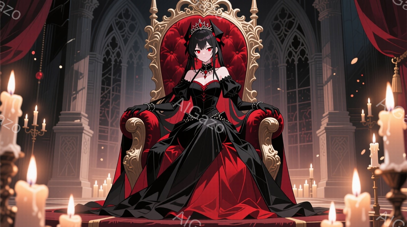 深紅の豪華な椅子に座る少女は、黒いドレスと長い手袋を身に着け、頭には赤い宝石が散りばめられた王冠を戴いている。彼女は冷たい表情でこちらを見つめ、堂々とした姿勢で権威を漂わせている。背景にはゴシック様式の建物と無数のろうそくが配置され、荘厳で神秘的な雰囲気を醸し出している。