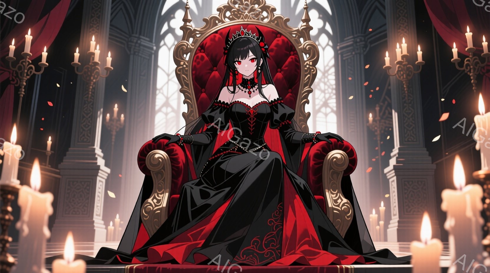 深紅のドレスを身にまとった女性が、豪華な装飾の椅子に座っています。黒い髪は長く、赤い瞳は鋭い輝きを放ち、どこか冷たい表情をしています。背景にはステンドグラスが輝き、無数のキャンドルが灯り、荘厳かつ神秘的な雰囲気を醸し出しています。