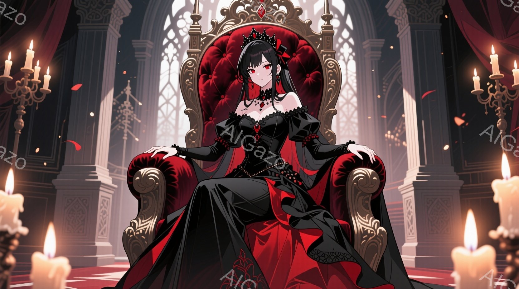 深紅の豪華な椅子に座る少女は、黒いドレスと黒髪、そして赤い瞳を持つ。ドレスはオフショルダーで、胸元には宝石があしらわれ、全体的にゴシック調で威厳のある印象を与える。背景には高い柱やシャンデリアが見られ、暗く豪華な宮殿のような雰囲気で、燃え盛るキャンドルが幻想的な光を投げかけている。