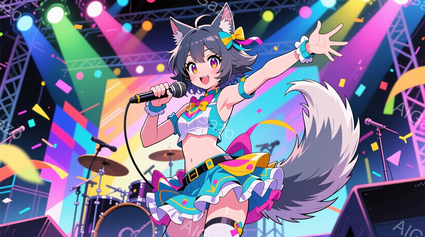 明るい紫色の髪に動物の耳がついた若い女性が、ステージ上でマイクを持って歌っている。彼女はピンクと水色のフリルが特徴的な衣装を身につけ、片手を上げて活発なパフォーマンスをしている。背景にはドラムセットや照明機材が見え、コンサート会場のような華やかな雰囲気が漂っている。