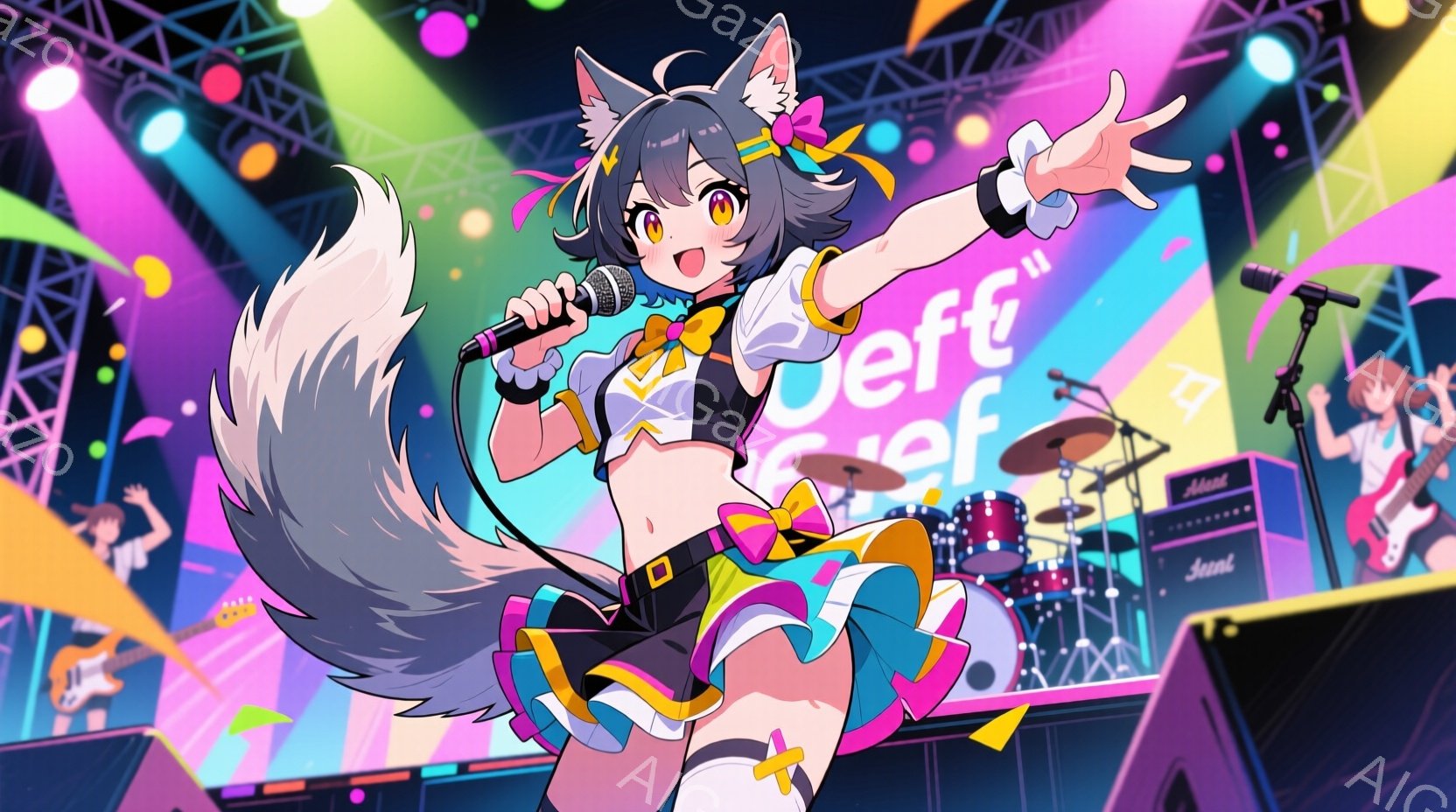 明るいピンクと紫の髪飾りをつけた女の子が、ステージ上でマイクを持って歌っている。彼女はピンクを基調としたフリルとリボンがついた衣装を着ており、大きなふわふわの灰色の尻尾が特徴的だ。ステージ上には他のミュージシャンがおり、背景には光の演出とスピーカーや楽器が並んでいる。