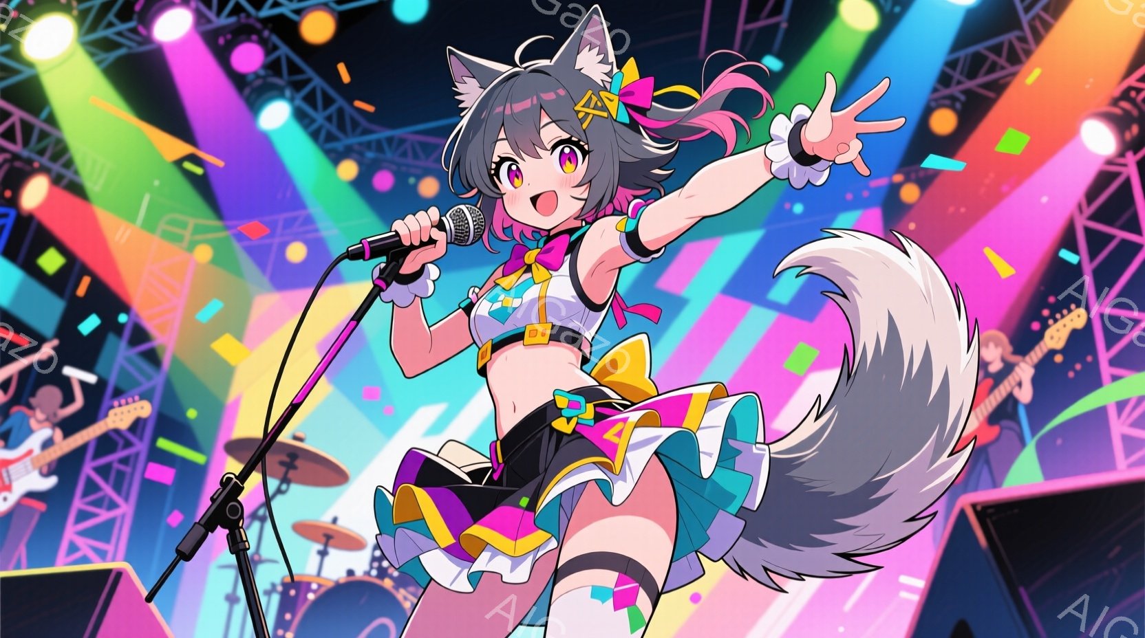 少女はステージ上でマイクを持って歌っている。彼女は白と黒の狼のような尻尾と耳を持ち、明るいピンクとターコイズの衣装を着ている。背景にはカラフルなライトと他のミュージシャンがおり、活気に満ちたコンサート - AI生成フリー素材