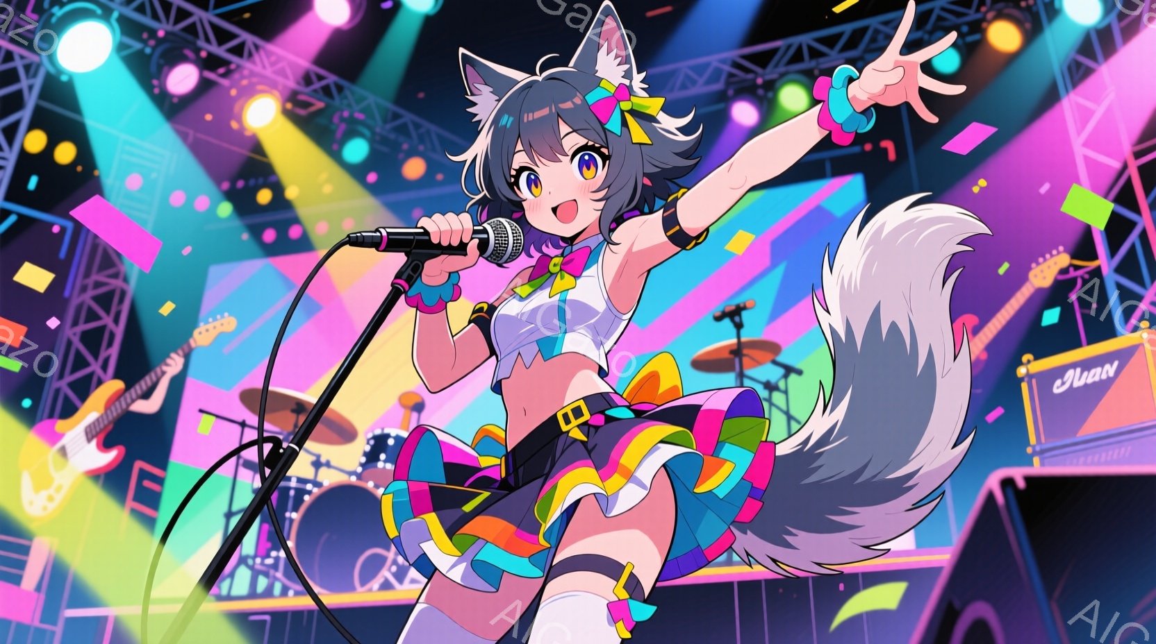 明るいピンク色の髪に黒い耳を持つ若い女性が、ステージ上でマイクを持って歌っています。彼女は白いチューブトップと、ピンク、緑、黄色のストライプが特徴的なミニスカート、そして黒いニーハイソックスを着用しており、エネルギッシュなパフォーマンスをしています。背景にはドラムセット、ギターアンプ、そしてネオンライトが輝き、ライブ会場のような賑やかな雰囲気を醸し出しています。