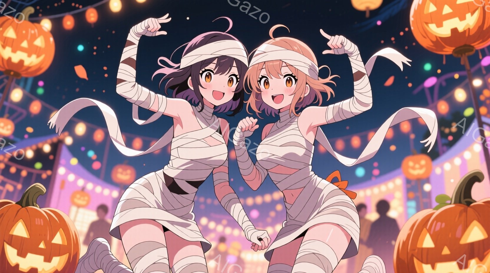 二人の若い女性がハロウィーンの仮装で、ミイラの衣装を身につけて踊っている様子が描かれています。彼女たちは明るい笑顔を浮かべ、両腕を上げて楽しそうにポーズをとっています。背景には、多くのジャック・オ・ラ - AI生成フリー素材