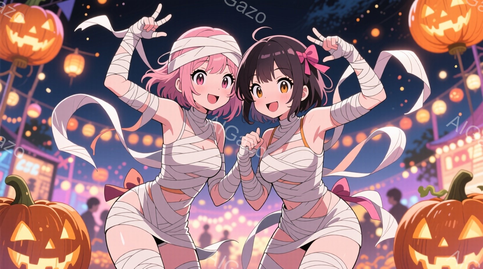 ハロウィーンの衣装を着た2人の若い女性が描かれています。彼女たちはミイラの衣装で、髪型はそれぞれピンクと黒で、表情は楽しそうで明るいです。背景には、様々なハロウィーンの装飾、カボチャのランタン、賑やか - AI生成フリー素材