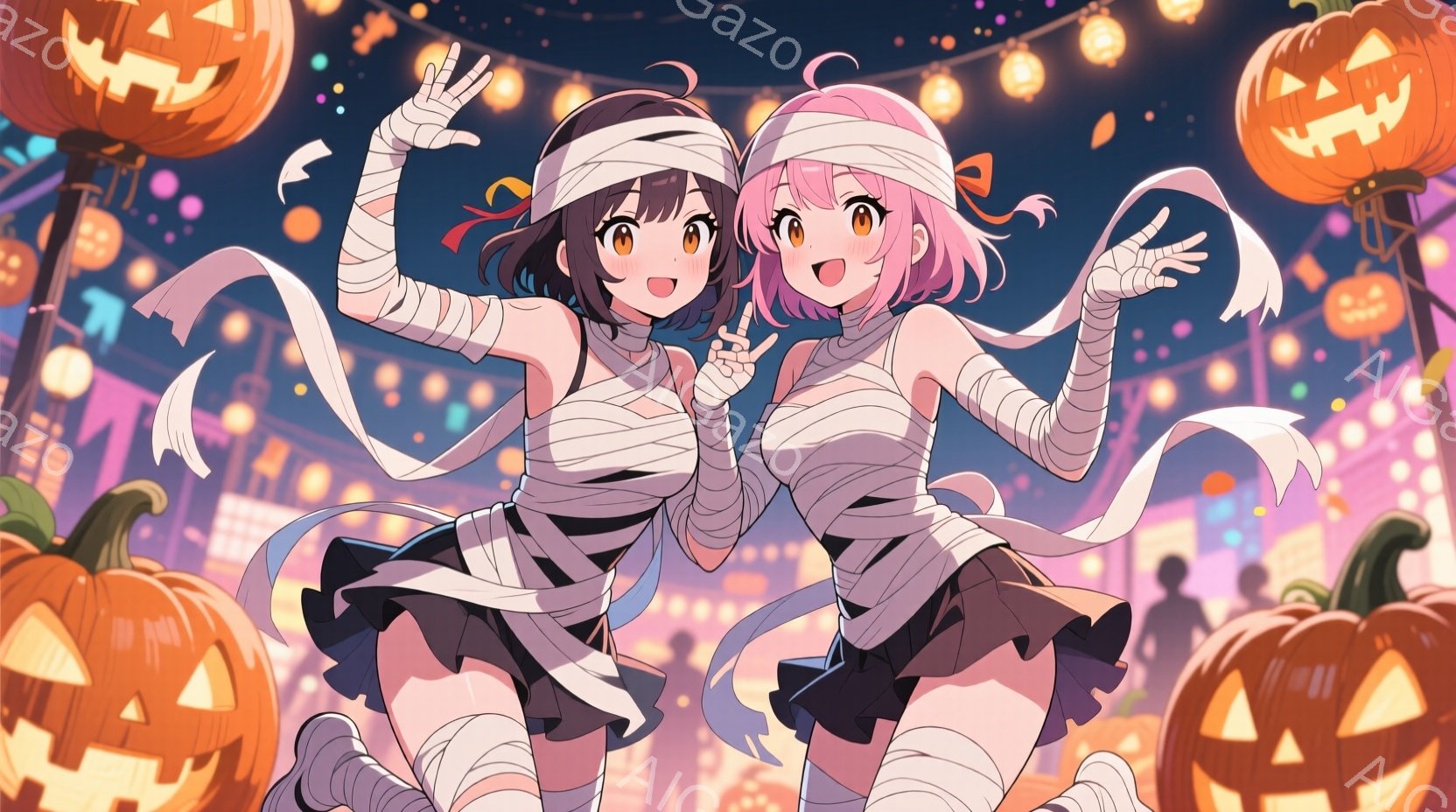 2人の若い女性がハロウィーンの衣装を着て、楽しそうにポーズをとっています。彼女たちはミイラのような包帯で体を飾り、黒いスカートを履いています。背景には、明るく輝くカボチャのランタンが散りばめられ、お祭 - AI生成フリー素材