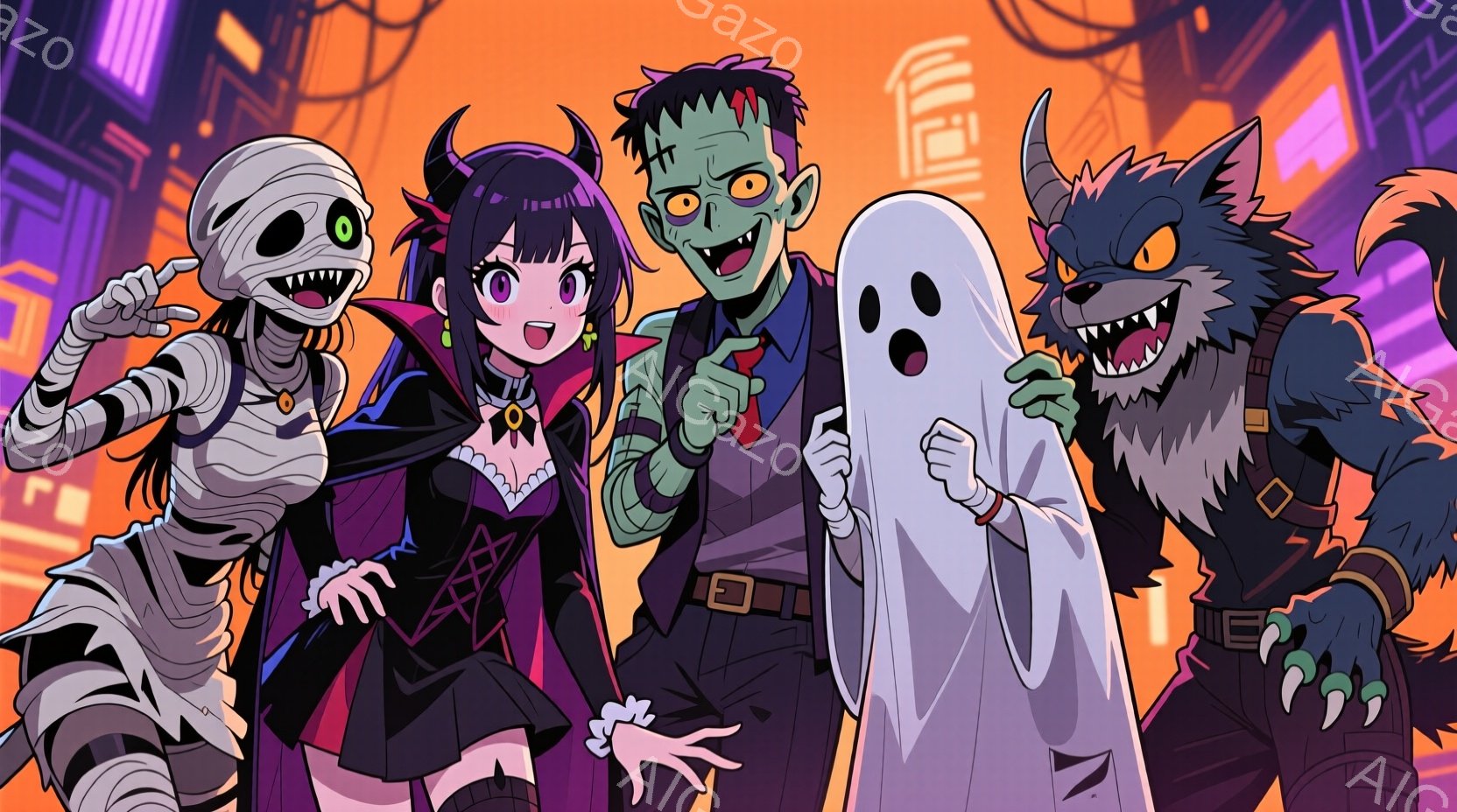 ゾンビ、ミイラ、ヴァンパイア、幽霊、狼男が並んで立っているイラストです。ヴァンパイアは黒いドレスに赤いリボン、ミイラは包帯で覆われ、狼男は茶色の服を着て、それぞれ特徴的な表情とポーズを見せています。背 - AI生成フリー素材