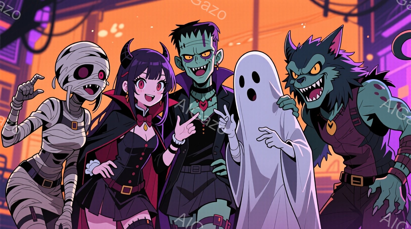 ミイラ、魔女、フランケンシュタイン、幽霊、そして狼男のキャラクターが並んでいます。魔女は黒いドレスと帽子を着用し、ミイラは包帯で覆われ、フランケンシュタインは緑色の肌とボルトで、幽霊は白い体にシンプル - AI生成フリー素材