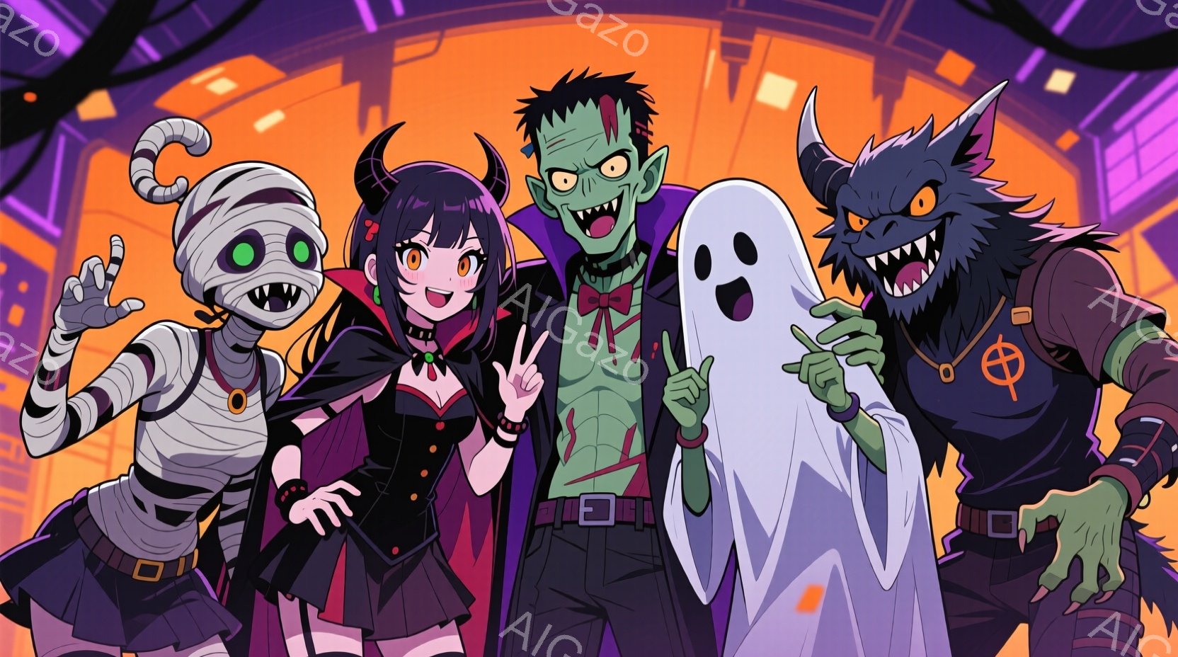 ハロウィーンをテーマにしたキャラクターたちが勢揃いしているイラストです。ミイラ、ヴァンパイア、フランケンシュタイン、幽霊、狼男が並び、それぞれ個性的な衣装と表情を見せています。背景は紫とオレンジのグラ - AI生成フリー素材